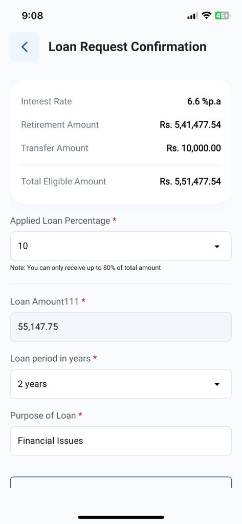 SSF - Nepal - Loan Request Confirmation screen on the SSF Nepal app showing interest rate, eligible amount, and loan details.