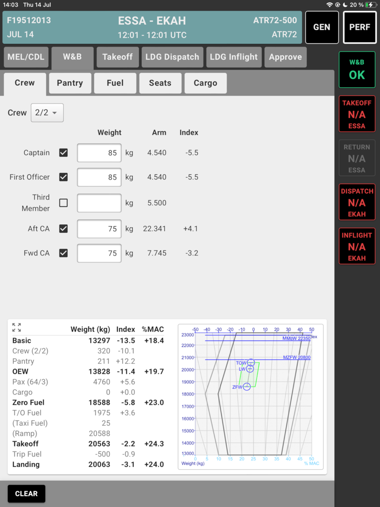Guru2 Regional - Schermata di calcolo del bilanciamento del peso dell'aviazione nell'app Guru2 Regional per i piloti