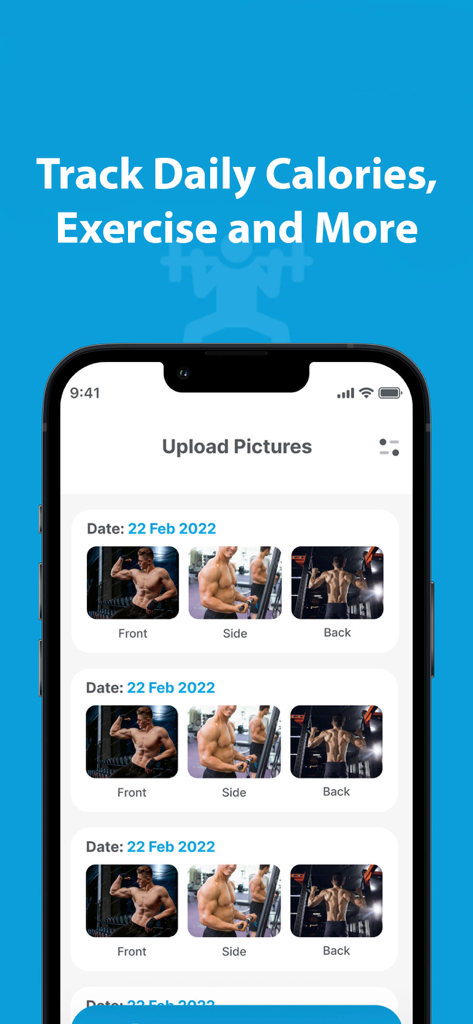 Fitpro Connect - Interfaz de la aplicación Fitpro Connect que muestra una línea de tiempo de fotos de progreso desde vistas frontal, lateral y trasera
