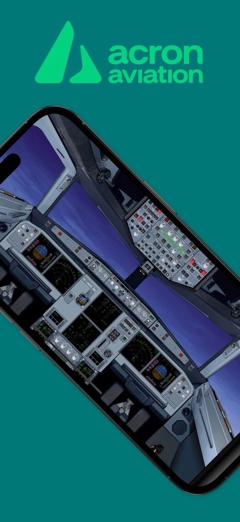 Acron A320 Cockpit Fam. - Smartphone affichant un agencement détaillé du cockpit 3D de l'Airbus A320 dans l'application Acron Aviation