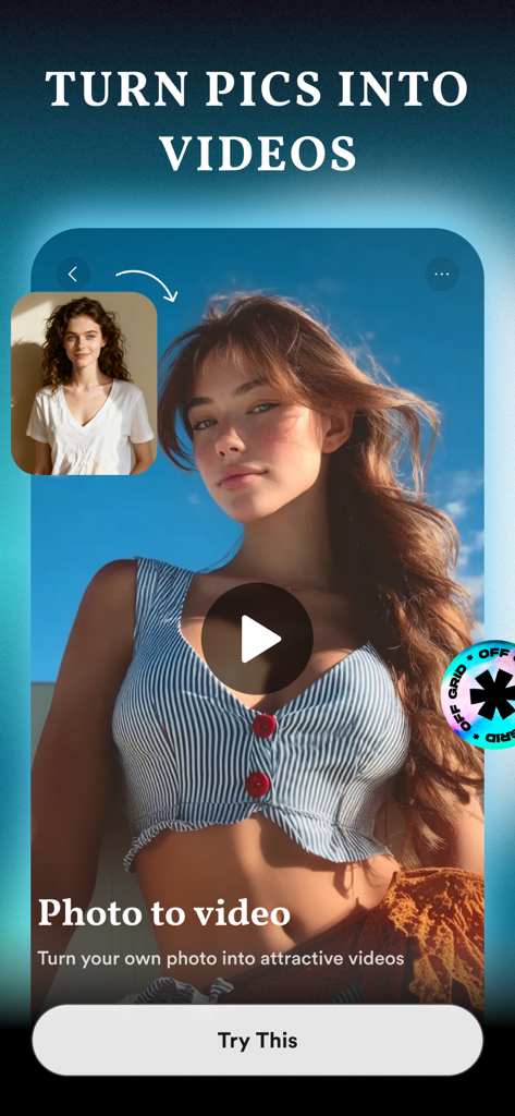 Interface of Reverie app showing a photo of a woman being transformed into an animated video with a play button.