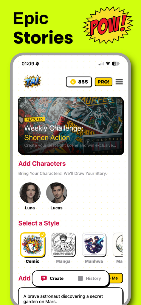 Interfaz de la aplicación TAI Comic Maker mostrando la selección de personajes y opciones de estilo para historias de Manga y Manhwa