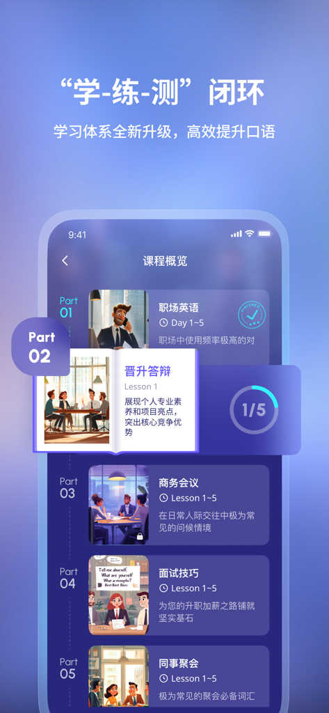 Hi Echo 虚拟人口语私教 - 口语学习方案解决者 - Interfaz de la aplicación Hi Echo que muestra módulos de cursos de inglés para el lugar de trabajo y temas de conversación profesional para el avance profesional.