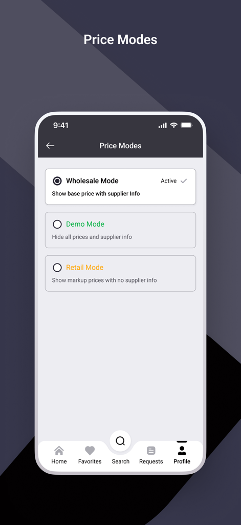 VDB - Virtual Diamond Boutique - Price modes selection screen in VDB app showing wholesale retail and demo options