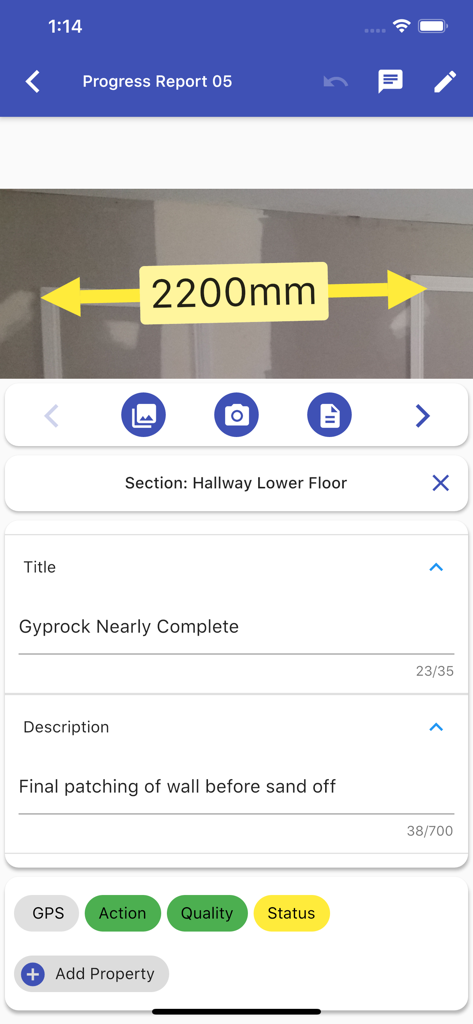 Report & Run: Integrate - Pantalla de informe de progreso de construcción con una anotación de foto que muestra una medición.