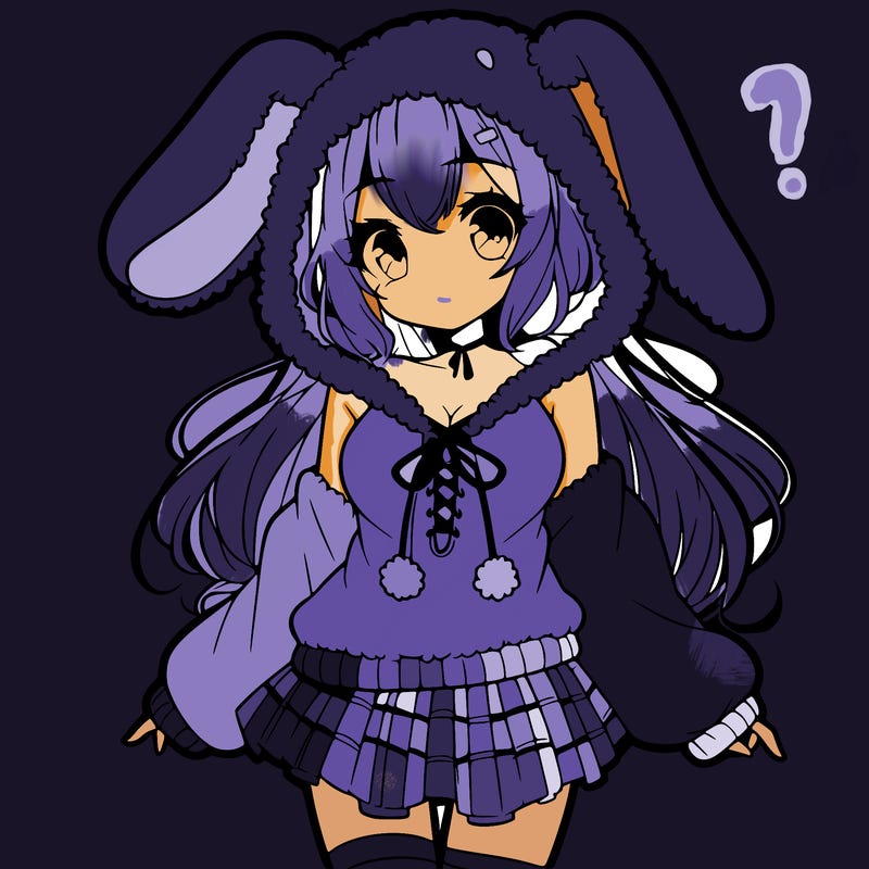 pretty anime girl wearing a fluffy hoodie with bunny ears on the hood and a skirt