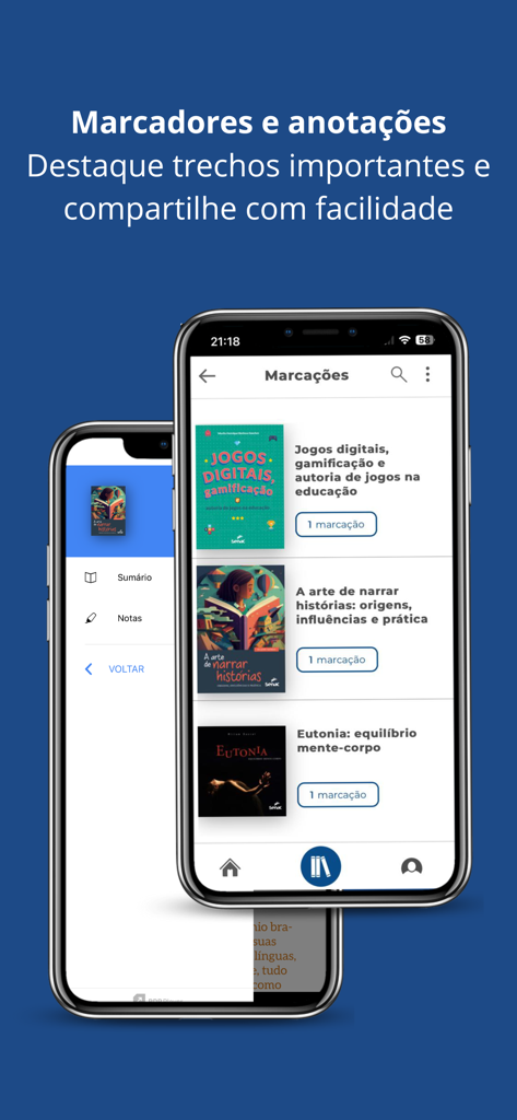 Biblioteca Digital Senac - Smartphone screens showing bookmarks and note-taking features in the Biblioteca Digital Senac app.