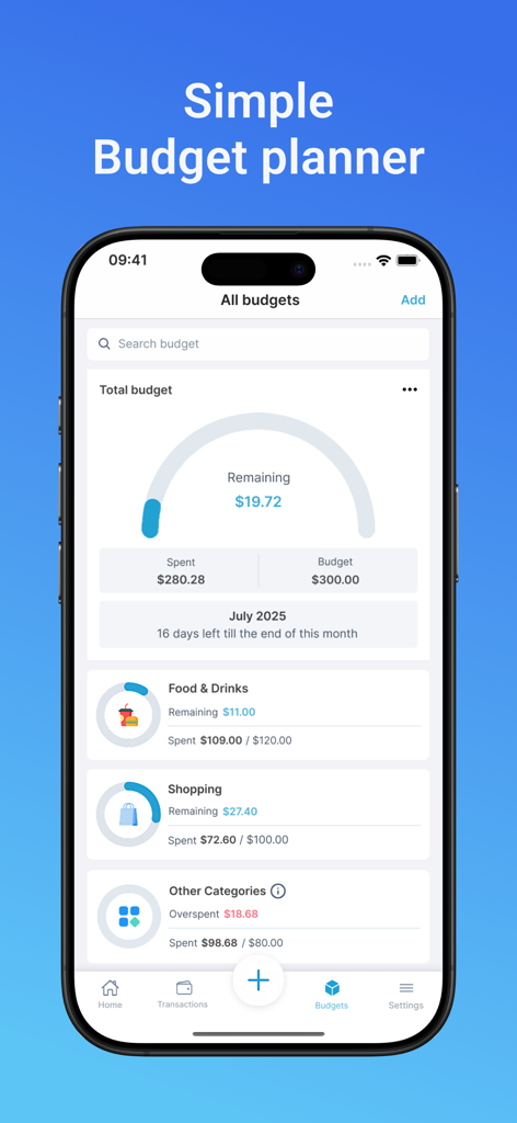 Money Tracker - Mona AI - Mona AI money tracker app showing a budget planner with category spending progress
