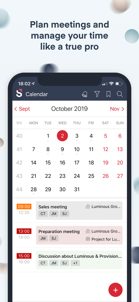 A screenshot of the Scoro app calendar feature showing a monthly view and a list of daily meetings and tasks.