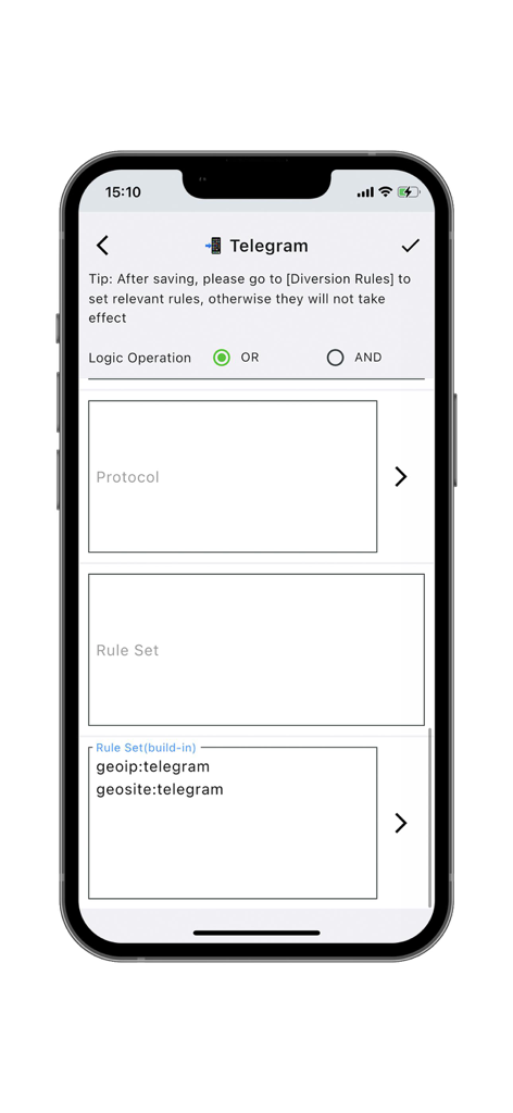 Karing - Interfaz de la aplicación Karing que muestra la configuración personalizada de reglas de enrutamiento de red para Telegram
