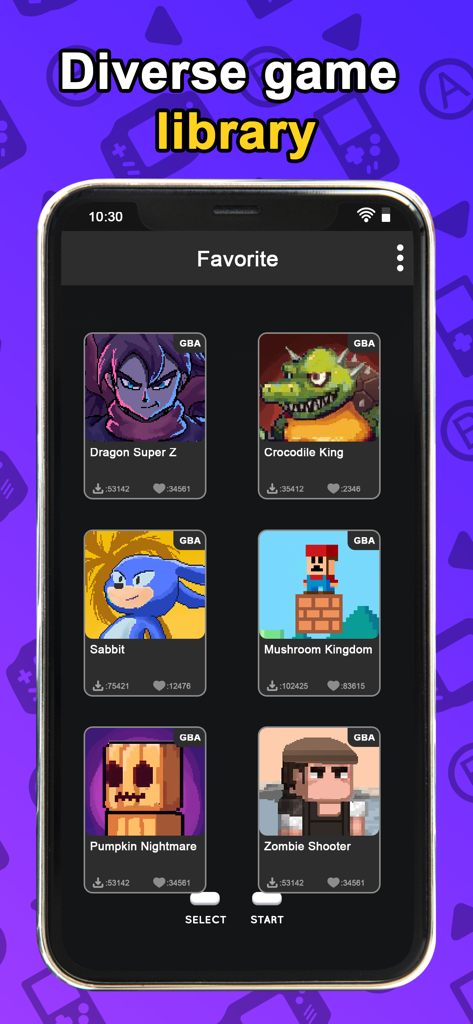 Delplay GBA emulator - Game library interface of the Delplay GBA emulator app on iPhone showing a list of favorite retro games.