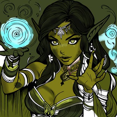 realistic scary beautiful elf sorceress casting spell