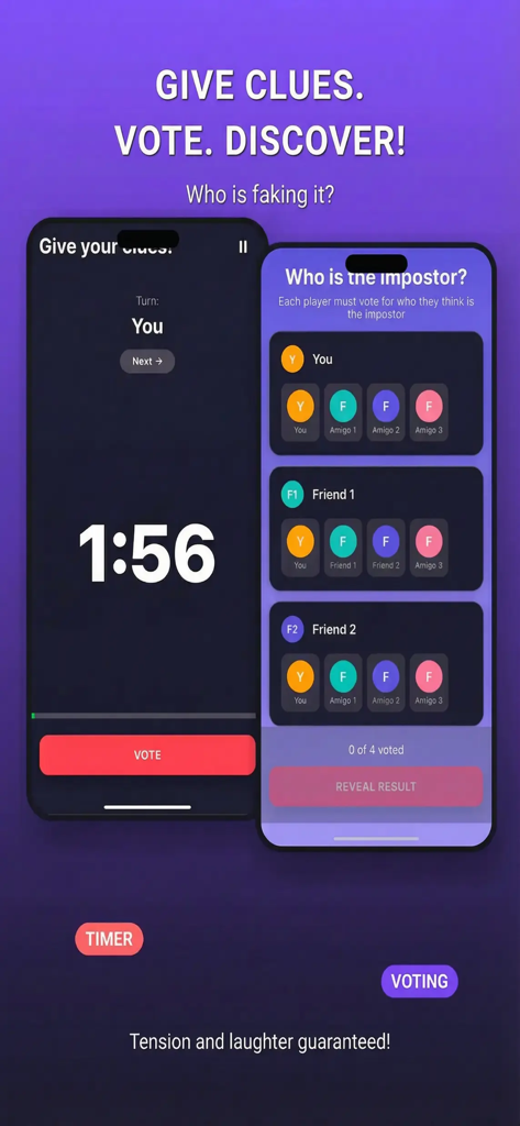 Fakit - Imposter - Gameplay screen of Fakit Imposter party game showing the timer and voting interface