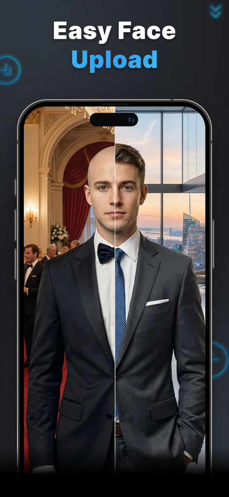 DeepSwap AI: Video Swap Faces - Una pantalla de smartphone que muestra la función Carga Fácil de Rostros de la aplicación DeepSwap AI con una demostración de intercambio de caras a pantalla dividida