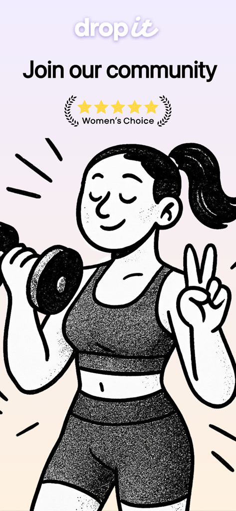 Cycle Sync Workouts: Drop It - Ilustración de una mujer haciendo ejercicio con una insignia de premio Women's Choice de 5 estrellas