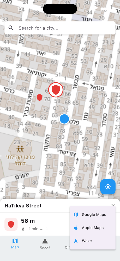Map view of the Bomb Shelter Locator app showing nearby shelters and a menu to open directions in Google Maps Apple Maps or Waze