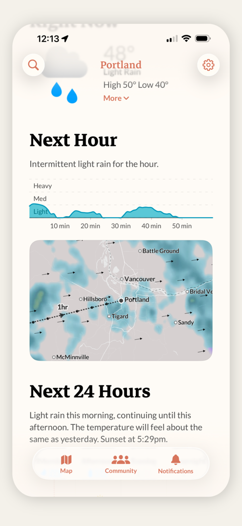 Acme Weather - Acme Weather app interface showing Portland next hour rain graph and radar map