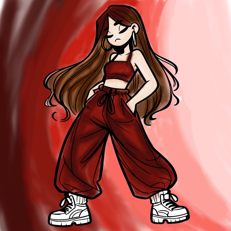 girl in baggy pants crop top and long hair