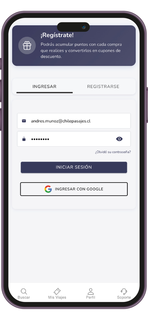 Pullman Tur - Pantalla de inicio de sesión de la app móvil Pullman Tur con opciones para iniciar sesión usando correo electrónico o Google y un banner promocionando puntos de fidelidad.