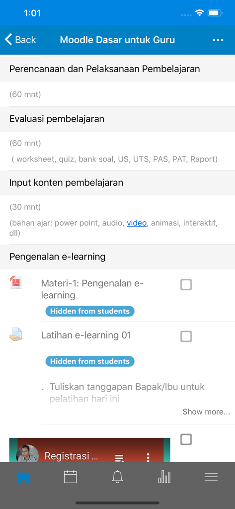 LMS Al Azhar - Teacher view of the LMS Al Azhar mobile app showing course modules and e-learning resources
