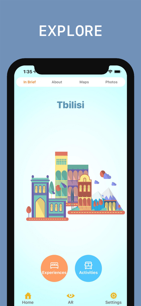 Der Startbildschirm der Tiflis Reiseführer App mit einer farbenfrohen Illustration der Stadt und Navigationsoptionen für Erlebnisse und Aktivitäten.