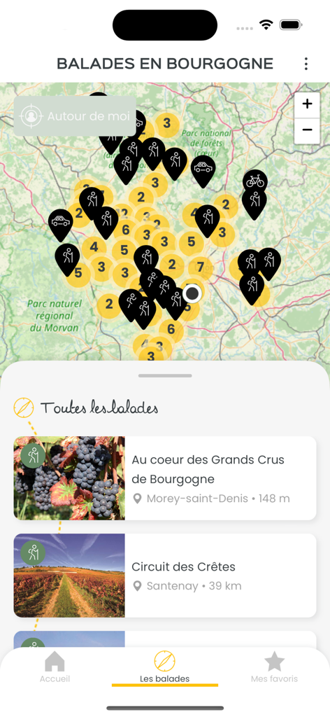 Balades en Bourgogne - Mapa de rutas de senderismo y ciclismo en Borgoña en la aplicación Balades en Bourgogne.