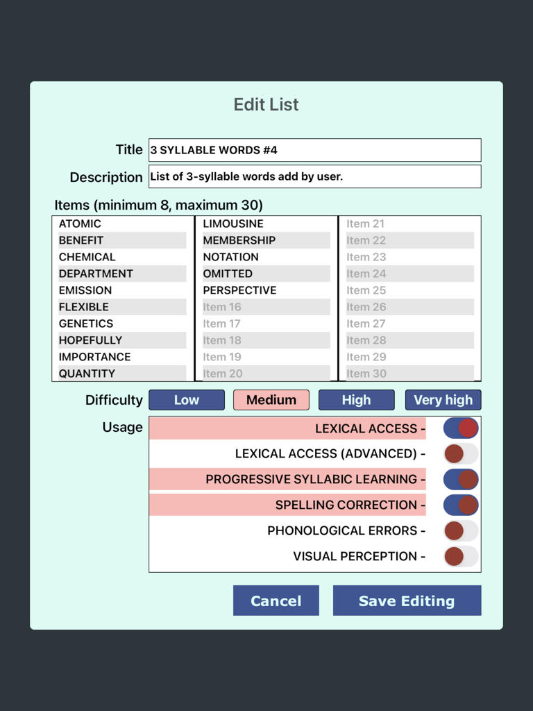 Interface for creating and editing custom word lists for reading therapy