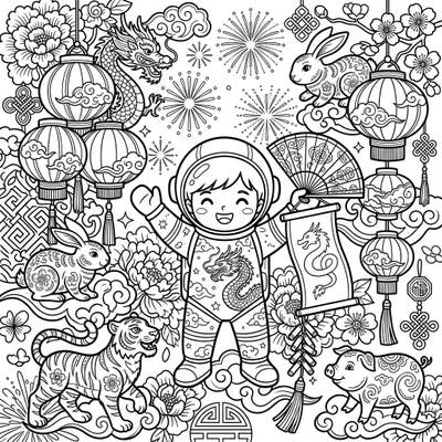 Prepare for an out-of-this-world celebration with our unique Lunar New Year coloring page featuring an adorable taikonaut. This vibrant design is packed with traditional symbols and festive joy, perfect for all ages.
