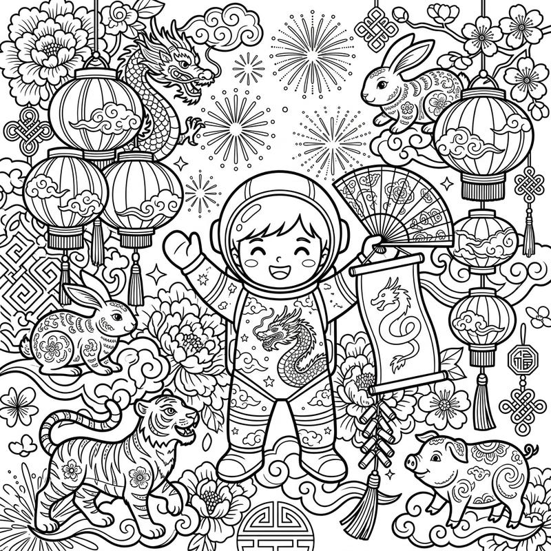 Prepare for an out-of-this-world celebration with our unique Lunar New Year coloring page featuring an adorable taikonaut. This vibrant design is packed with traditional symbols and festive joy, perfect for all ages.