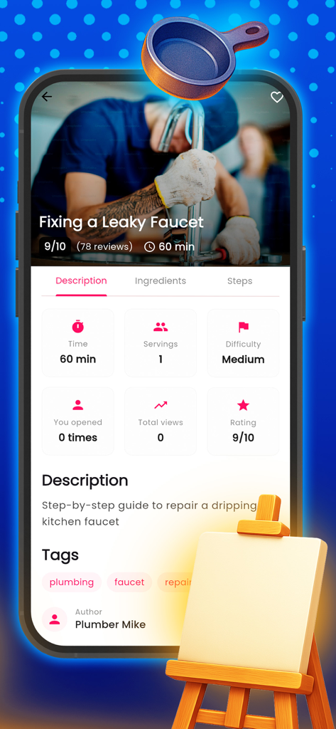 A mobile interface of the Recipy Maker app displaying a DIY guide for fixing a leaky faucet with estimated time and difficulty levels.