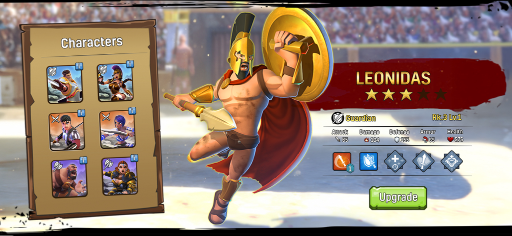 Leonidas character stats and upgrade menu in Gladiator Heroes