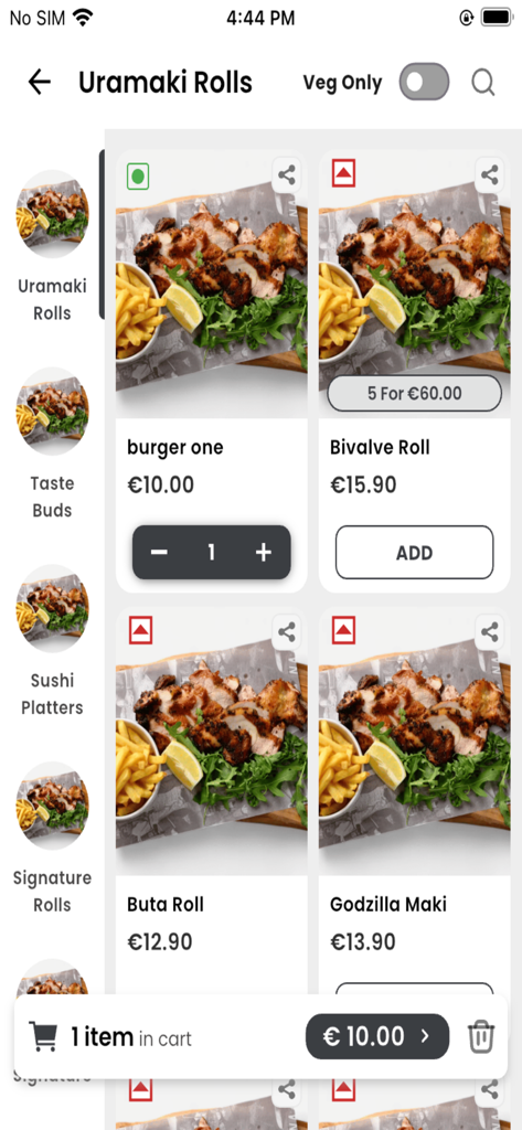 Buzz MT - Buzz MT app screen showing a menu of sushi rolls and a checkout bar