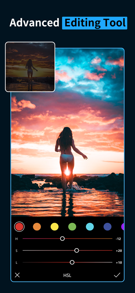Advanced HSL color adjustment interface in Koloro app featuring a vibrant sunset beach photo