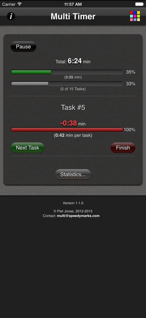 Interface do aplicativo Multi Task Timer mostrando barras de progresso de tarefas e gerenciamento de tempo para um teste padronizado.
