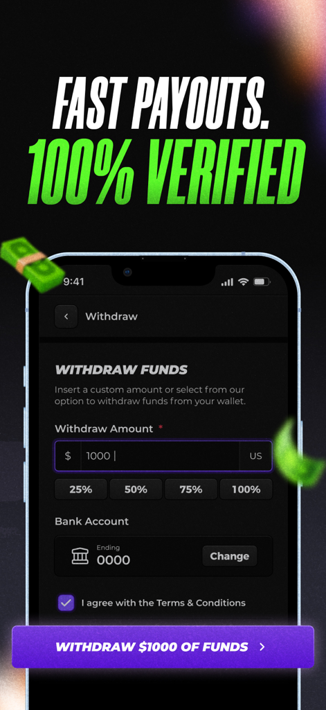 StreamStakes - StreamStakes mobile app withdrawal screen showing a one thousand dollar cash payout with fast and verified bank transfers