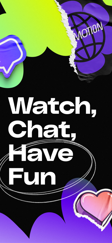 Dailymotion: Social Videos - Dailymotion 소셜 비디오 앱 홍보 그래픽, 텍스트 Watch Chat Have Fun 및 다채로운 아이콘 포함