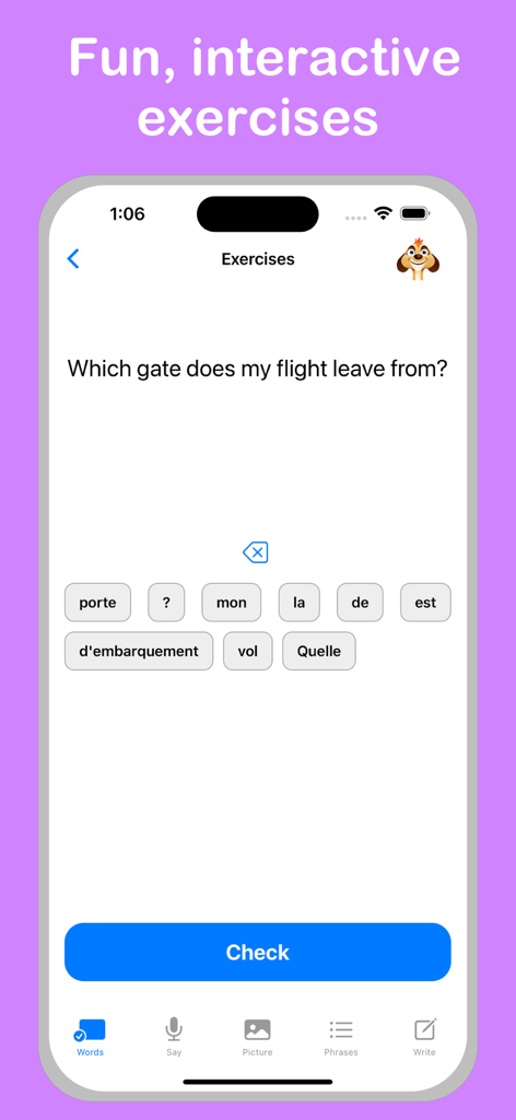 A screenshot of the Learn French plus app showing an interactive word jumble exercise to translate a travel phrase from English to French.