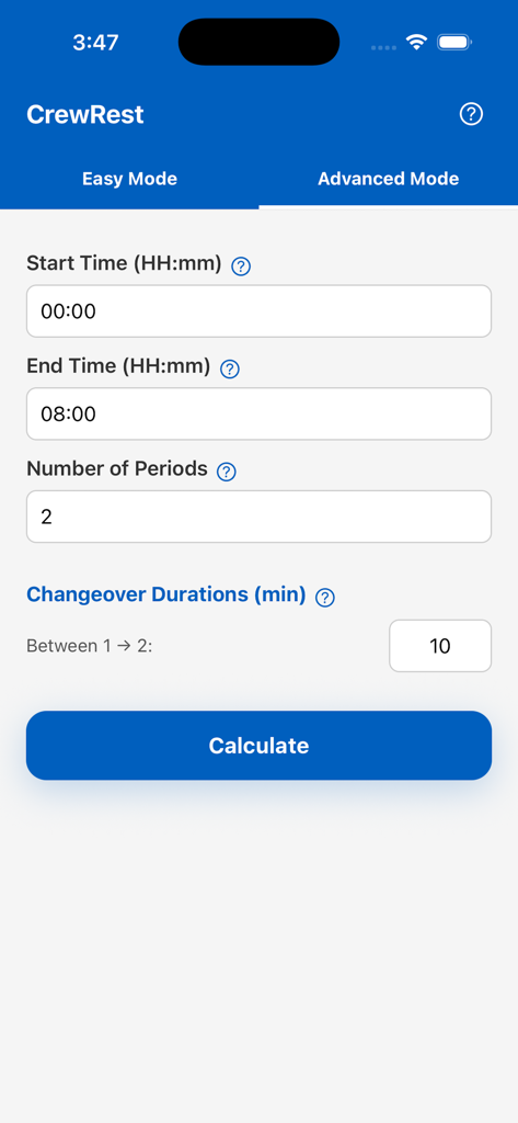 Crew Rest Calculator - CrewRestアプリの高度モードインターフェース。フライトクルーの休息シフトの開始時間、終了時間、交代時間の入力フィールドが表示されています。