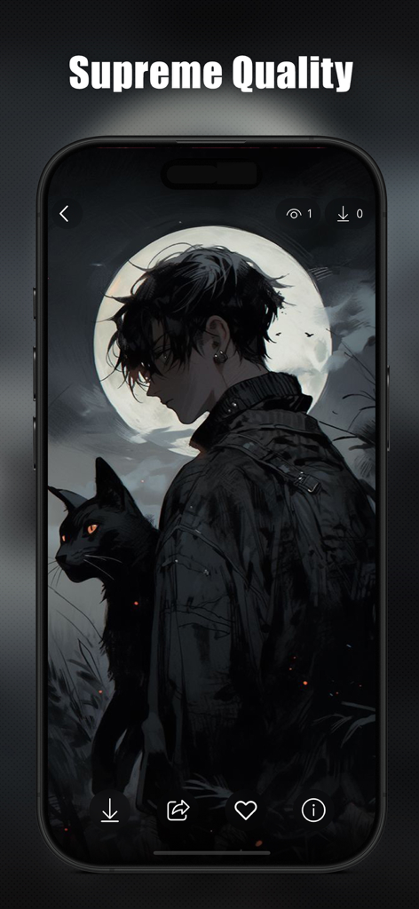 Anime Boy Wallpapers - Ein dunkel-ästhetischer Anime-Junge mit einer schwarzen Katze unter einem Vollmond auf einem Smartphone-Bildschirm