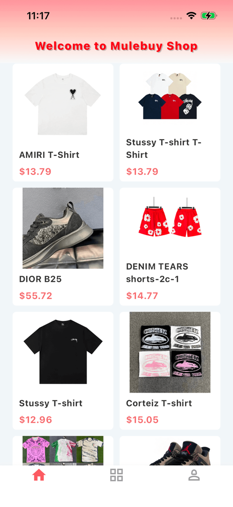 Mulebuy Sheets - Mulebuy Sheets app interface showing various t-shirts and sneakers with prices