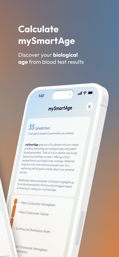 mySmartAge screen showing biological age calculation from blood test results