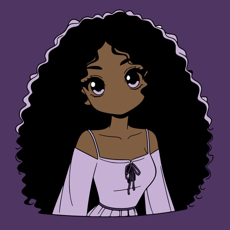 a black anime girl with long afro hair