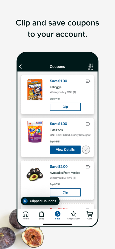 L'écran de l'application Food Lion montrant des coupons numériques pour des économies sur des articles comme les céréales et la lessive
