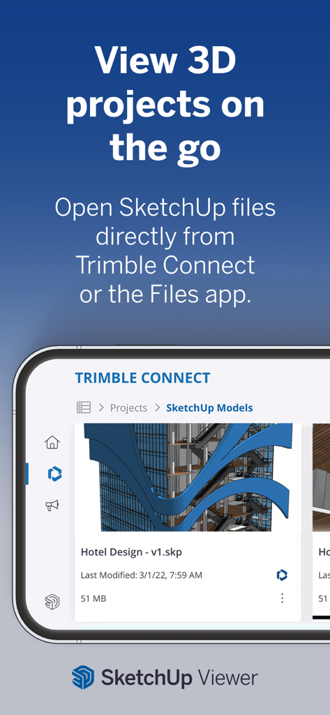 SketchUp - 3D Modeling - Una interfaz de teléfono inteligente que muestra la aplicación SketchUp Viewer con un proyecto de diseño de hotel 3D abierto desde Trimble Connect.