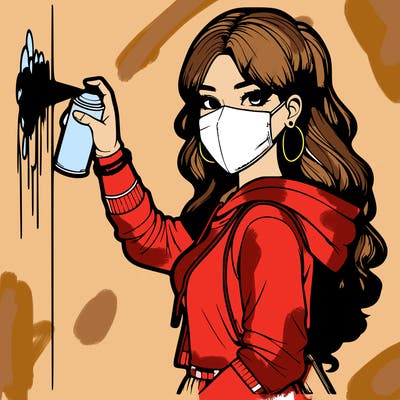 realistic girl with mask spray painting a wall