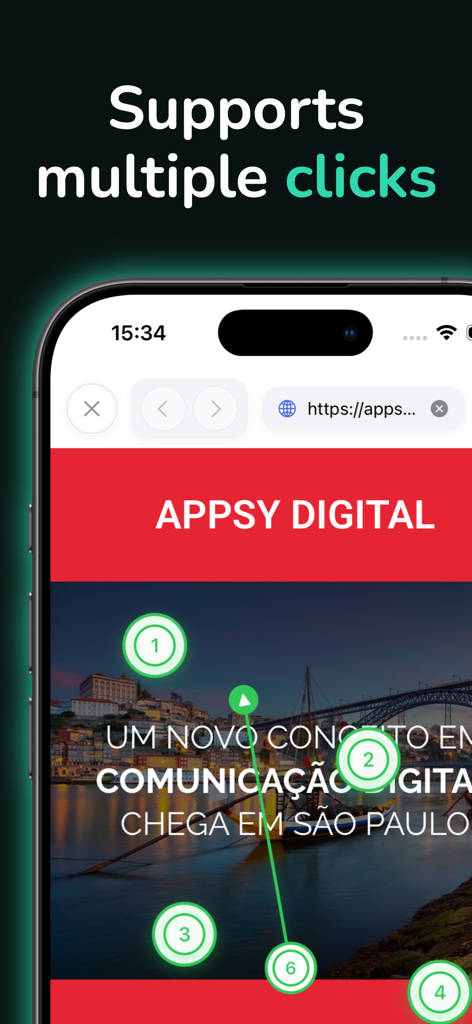 Auto Clicker: Automatic Tapps - Interface of the Auto Clicker app showing multiple numbered click points on a mobile phone screen.