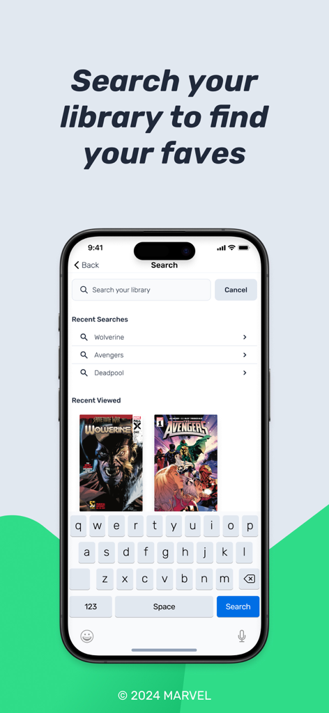 VeVe Comics Reader - Un smartphone que muestra la interfaz de búsqueda de biblioteca de la aplicación Lector de Cómics VeVe con portadas de cómics de Marvel.