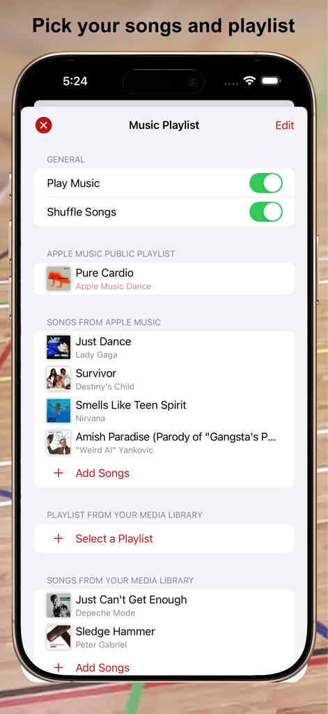 MC-Timer - MC-Timer app music playlist settings screen showing selected songs and shuffle options