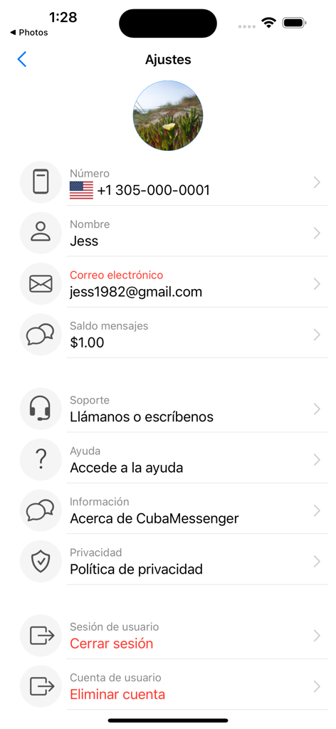 CubaMessenger app settings screen showing user profile details and message credit balance