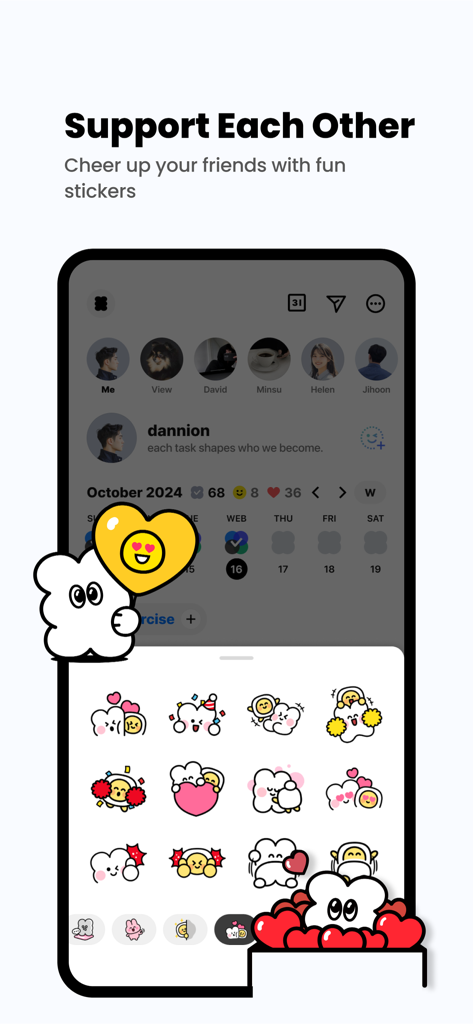 todo mateのソーシャルインターフェースと、友達をサポートし元気づけるために使われる様々​​なかわいいステッカーが表示されたモバイル画面。